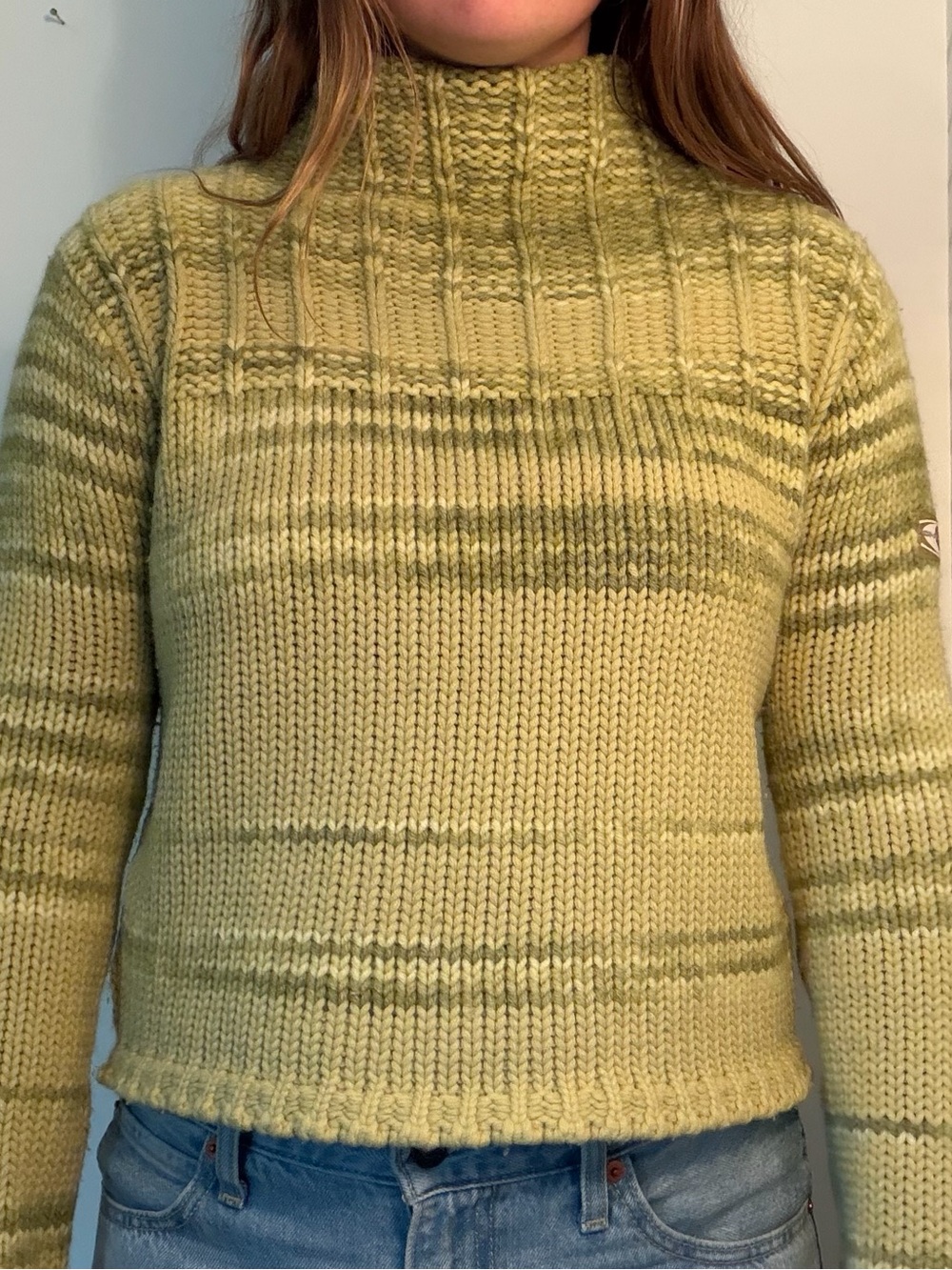Women’s Vintage O’neil Green Striped Knit Sweater - Mock Neck